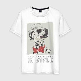 Мужская футболка хлопок с принтом далматинец на стиле в Курске, 100% хлопок | прямой крой, круглый вырез горловины, длина до линии бедер, слегка спущенное плечо. | арт | бабочка | далматинец | джентльмен | животные | картинка | мода | на моде | очки | пес | рисунок | собака | стиль | стильная собака | шляпа