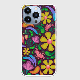 Чехол для iPhone 13 Pro с принтом летние цветы узор на темном в Курске,  |  | арт | вектор | лето | рисунок | ромашки | темный фон | узор | хаотичный | цветы
