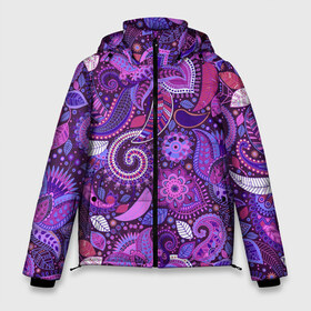Мужская зимняя куртка 3D с принтом фиолетовый этнический дудлинг в Курске, верх — 100% полиэстер; подкладка — 100% полиэстер; утеплитель — 100% полиэстер | длина ниже бедра, свободный силуэт Оверсайз. Есть воротник-стойка, отстегивающийся капюшон и ветрозащитная планка. 

Боковые карманы с листочкой на кнопках и внутренний карман на молнии. | геометрия | дудлинг | дудлы | линии | рисунок | точки | узоры | фигуры | фиолетовый | цветы | этнический