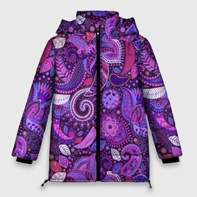 Женская зимняя куртка 3D с принтом фиолетовый этнический дудлинг в Курске, верх — 100% полиэстер; подкладка — 100% полиэстер; утеплитель — 100% полиэстер | длина ниже бедра, силуэт Оверсайз. Есть воротник-стойка, отстегивающийся капюшон и ветрозащитная планка. 

Боковые карманы с листочкой на кнопках и внутренний карман на молнии | геометрия | дудлинг | дудлы | линии | рисунок | точки | узоры | фигуры | фиолетовый | цветы | этнический