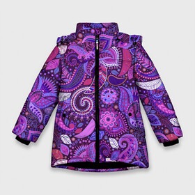 Зимняя куртка для девочек 3D с принтом фиолетовый этнический дудлинг в Курске, ткань верха — 100% полиэстер; подклад — 100% полиэстер, утеплитель — 100% полиэстер. | длина ниже бедра, удлиненная спинка, воротник стойка и отстегивающийся капюшон. Есть боковые карманы с листочкой на кнопках, утяжки по низу изделия и внутренний карман на молнии. 

Предусмотрены светоотражающий принт на спинке, радужный светоотражающий элемент на пуллере молнии и на резинке для утяжки. | геометрия | дудлинг | дудлы | линии | рисунок | точки | узоры | фигуры | фиолетовый | цветы | этнический