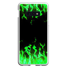 Чехол для Samsung S10E с принтом GREEN FIRE ОГОНЬ в Курске, Силикон | Область печати: задняя сторона чехла, без боковых панелей | abstraction | bright | fire | geometry | hexagon | light | neon | paints | stripes | texture | triangle | абстракция | брызги | геометрия | искры | краски | неон | неоновый | огонь | соты | текстура