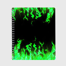 Тетрадь с принтом GREEN FIRE ОГОНЬ в Курске, 100% бумага | 48 листов, плотность листов — 60 г/м2, плотность картонной обложки — 250 г/м2. Листы скреплены сбоку удобной пружинной спиралью. Уголки страниц и обложки скругленные. Цвет линий — светло-серый
 | Тематика изображения на принте: abstraction | bright | fire | geometry | hexagon | light | neon | paints | stripes | texture | triangle | абстракция | брызги | геометрия | искры | краски | неон | неоновый | огонь | соты | текстура