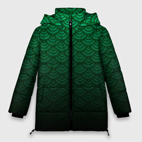 Женская зимняя куртка 3D с принтом Узор зеленая чешуя дракон в Курске, верх — 100% полиэстер; подкладка — 100% полиэстер; утеплитель — 100% полиэстер | длина ниже бедра, силуэт Оверсайз. Есть воротник-стойка, отстегивающийся капюшон и ветрозащитная планка. 

Боковые карманы с листочкой на кнопках и внутренний карман на молнии | геометрия | градиент | дракон | змей | круги | переход цвета | синий | текстура | темный | узор | чешуя | ящерица