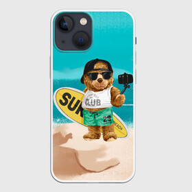 Чехол для iPhone 13 mini с принтом Медвежонок серфер в Курске,  |  | лето | медведь | медвежонок | море | отдых | отпуск | плюшевый | плюшевый медведь | пляж | серфер