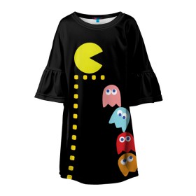 Детское платье 3D с принтом Pac-man в Курске, 100% полиэстер | прямой силуэт, чуть расширенный к низу. Круглая горловина, на рукавах — воланы | Тематика изображения на принте: old school | retro game | video game | видео игры | ретро игры