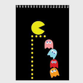 Скетчбук с принтом Pac-man в Курске, 100% бумага
 | 48 листов, плотность листов — 100 г/м2, плотность картонной обложки — 250 г/м2. Листы скреплены сверху удобной пружинной спиралью | old school | retro game | video game | видео игры | ретро игры