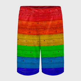 Детские спортивные шорты 3D с принтом Разноцветные доски радужный в Курске,  100% полиэстер
 | пояс оформлен широкой мягкой резинкой, ткань тянется
 | Тематика изображения на принте: крашеные доски | линии | полосы | радуга | радужный | разноцветный | ярко