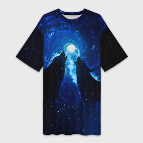 Платье-футболка 3D с принтом Волки силуэты звездное небо в Курске,  |  | Тематика изображения на принте: верность | вместе | вой | волки | вселенная | двое | животные | закрученный | звездное небо | космос | луна | любовь | пара | рядом | силуэты | спираль | темный