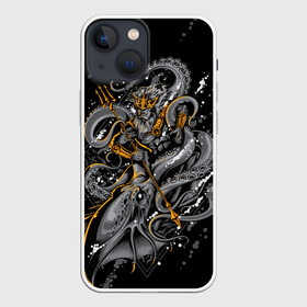 Чехол для iPhone 13 mini с принтом Сражение Зевса в Курске,  |  | octopoda | zeus | битва | бог | боги | глубина | доспехи | зевс | золото | копье | монстр | море | морское | осьминог | сражение | страшное | трезубец | тризубец | чернобелая | чудище | чудовище