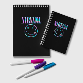 Блокнот с принтом Nirvana(Спина) в Курске, 100% бумага | 48 листов, плотность листов — 60 г/м2, плотность картонной обложки — 250 г/м2. Листы скреплены удобной пружинной спиралью. Цвет линий — светло-серый
 | nirvana | гитара | голограмма | кобейн | курт | курт кобейн | музыка | неон | нирвана | рок | смайл