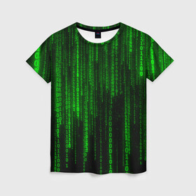 Женская футболка 3D с принтом Матрица код цифры программист в Курске, 100% полиэфир ( синтетическое хлопкоподобное полотно) | прямой крой, круглый вырез горловины, длина до линии бедер | бинарный код | веб | вирус | всемирная паутина | двоичный код | зеленый | интернет | информация | кибер | код | кодер | кодирование | матрица | наука | олдскул | по | программирование