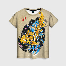 Женская футболка 3D с принтом Золотая рыба кои в Курске, 100% полиэфир ( синтетическое хлопкоподобное полотно) | прямой крой, круглый вырез горловины, длина до линии бедер | волны | золотая | иероглиф | иллюстрация | китайская | кои | краски | море | разноцветная | рисунок | рыбка | рыбы | традиционная | узор | японская | яркая