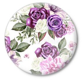 Значок с принтом Красивые розы в Курске,  металл | круглая форма, металлическая застежка в виде булавки | белые розы | белый | необычные | розовый | розы | синие розы | синий | фиолетовые розы | фиолетовый | цветы