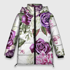Женская зимняя куртка 3D с принтом Красивые розы в Курске, верх — 100% полиэстер; подкладка — 100% полиэстер; утеплитель — 100% полиэстер | длина ниже бедра, силуэт Оверсайз. Есть воротник-стойка, отстегивающийся капюшон и ветрозащитная планка. 

Боковые карманы с листочкой на кнопках и внутренний карман на молнии | Тематика изображения на принте: белые розы | белый | необычные | розовый | розы | синие розы | синий | фиолетовые розы | фиолетовый | цветы