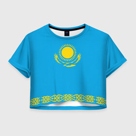 Женская футболка Crop-top 3D с принтом Казахстан в Курске, 100% полиэстер | круглая горловина, длина футболки до линии талии, рукава с отворотами | kazakhstan | казахстан