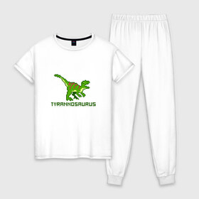 Женская пижама хлопок с принтом Tyrannosaurus в Курске, 100% хлопок | брюки и футболка прямого кроя, без карманов, на брюках мягкая резинка на поясе и по низу штанин | tyrannosaurus | динозавр | пиксельный динозавр | пиксельный рисунок