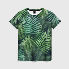 Женская футболка 3D с принтом Тропики  в Курске, 100% полиэфир ( синтетическое хлопкоподобное полотно) | прямой крой, круглый вырез горловины, длина до линии бедер | summer | банановая | банановые | джунгли | зелень | краски | летняя | лето | листики | листы | листья | надпись | настроение | отдых | отпуск | пальма | пальмовые | пальмы | папоротник | пляжная | позитив