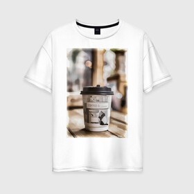 Женская футболка хлопок Oversize с принтом Coffee Pnada в Курске, 100% хлопок | свободный крой, круглый ворот, спущенный рукав, длина до линии бедер
 | coffee | morning | panda | кефе | панда | стаканчик | утро