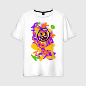 Женская футболка хлопок Oversize с принтом Граффити смайлик в Курске, 100% хлопок | свободный крой, круглый ворот, спущенный рукав, длина до линии бедер
 | emoji | граффити | краска | разноцветная | смайл | смайлик | улыбка | урбан | эмоции | яркая