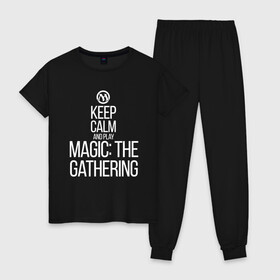 Женская пижама хлопок с принтом Keep calm and play в Курске, 100% хлопок | брюки и футболка прямого кроя, без карманов, на брюках мягкая резинка на поясе и по низу штанин | game | magic | magic the gathering | mtg | wizards of the coast | игра | логические игры | настолка | настольная игра