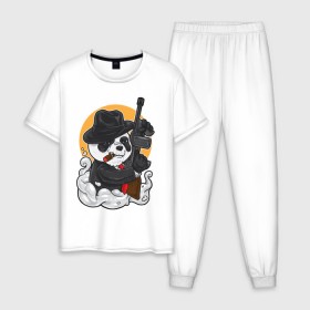 Мужская пижама хлопок с принтом Panda Gangster в Курске, 100% хлопок | брюки и футболка прямого кроя, без карманов, на брюках мягкая резинка на поясе и по низу штанин
 | art | automatic | bandit | gangster | panda | weapons | автомат | арт | бандит | гангстер | оружие | панда