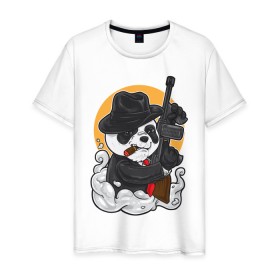 Мужская футболка хлопок с принтом Panda Gangster в Курске, 100% хлопок | прямой крой, круглый вырез горловины, длина до линии бедер, слегка спущенное плечо. | art | automatic | bandit | gangster | panda | weapons | автомат | арт | бандит | гангстер | оружие | панда