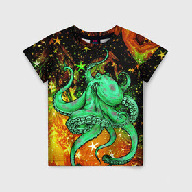 Детская футболка 3D с принтом Cosmo Octopus в Курске, 100% гипоаллергенный полиэфир | прямой крой, круглый вырез горловины, длина до линии бедер, чуть спущенное плечо, ткань немного тянется | cosmo | kraken | medusa | meduza | ocean | octopus | pirates | арт | ван | гог | звезды | искусство | картина | космос | кракен | красочный | медуза | море | океан | осьминог | пираты | принт | стиль