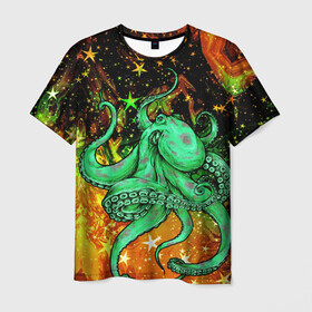 Мужская футболка 3D с принтом Cosmo Octopus в Курске, 100% полиэфир | прямой крой, круглый вырез горловины, длина до линии бедер | Тематика изображения на принте: cosmo | kraken | medusa | meduza | ocean | octopus | pirates | арт | ван | гог | звезды | искусство | картина | космос | кракен | красочный | медуза | море | океан | осьминог | пираты | принт | стиль