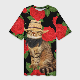 Платье-футболка 3D с принтом Мачо Котик | Ковбой в Курске,  |  | cat | cats | kitten | mem | memes | rose | roses | глаза | глазки | киска | кот | котёнок | котик | котики | котэ | котята | кошак | кошка | кошки | красивая | мем | мемчики | милая | прикольная | роза | розы | светлая | темная
