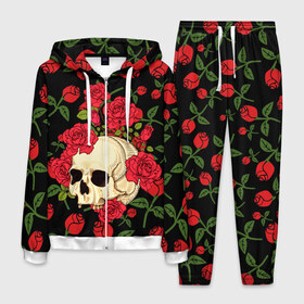 Мужской костюм 3D с принтом Skull Roses в Курске, 100% полиэстер | Манжеты и пояс оформлены тканевой резинкой, двухслойный капюшон со шнурком для регулировки, карманы спереди | Тематика изображения на принте: rose | roses | анатомия | белая | белое | гот | косплей | кости | кость | костюм | красочная | пират | пираты | подарок | прикольная | роза | светлая | стиль | темная | тренд | чб | череп | черепа | черепушки