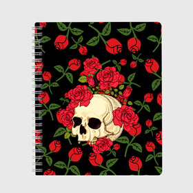 Тетрадь с принтом Skull Roses в Курске, 100% бумага | 48 листов, плотность листов — 60 г/м2, плотность картонной обложки — 250 г/м2. Листы скреплены сбоку удобной пружинной спиралью. Уголки страниц и обложки скругленные. Цвет линий — светло-серый
 | Тематика изображения на принте: rose | roses | анатомия | белая | белое | гот | косплей | кости | кость | костюм | красочная | пират | пираты | подарок | прикольная | роза | светлая | стиль | темная | тренд | чб | череп | черепа | черепушки