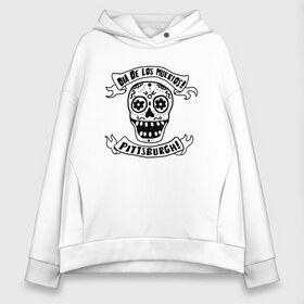 Женское худи Oversize хлопок с принтом Dia de los muertos в Курске, френч-терри — 70% хлопок, 30% полиэстер. Мягкий теплый начес внутри —100% хлопок | боковые карманы, эластичные манжеты и нижняя кромка, капюшон на магнитной кнопке | eyes | flowers | jaw | orbits | pittsburgh | ribbon | skull | teeth | глазницы | лента | пасть | цветы | череп