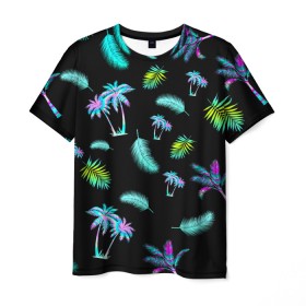 Мужская футболка 3D с принтом Tropiki в Курске, 100% полиэфир | прямой крой, круглый вырез горловины, длина до линии бедер | брызги красок | кокос | космос | краска | летняя ночь | лето | лист пальмы | неон | неоновая пальма | пальма | перо | пляж