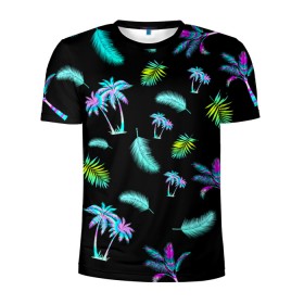 Мужская футболка 3D спортивная с принтом Tropiki в Курске, 100% полиэстер с улучшенными характеристиками | приталенный силуэт, круглая горловина, широкие плечи, сужается к линии бедра | Тематика изображения на принте: брызги красок | кокос | космос | краска | летняя ночь | лето | лист пальмы | неон | неоновая пальма | пальма | перо | пляж