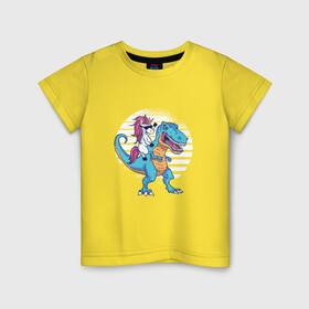 Детская футболка хлопок с принтом Единорог верхом на динозавре в Курске, 100% хлопок | круглый вырез горловины, полуприлегающий силуэт, длина до линии бедер | dino | dinosaur | dinosaurus | evil | t rex | unicorn | верхом на динозавре | динозавр | единорог | животные | забавная | забавные | злой | милый | прикол | прикольная | прикольные | радуга | ржака | с юмором | ти рекс