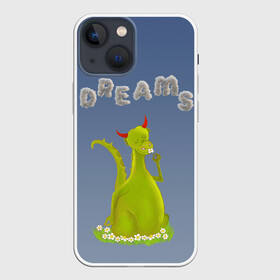 Чехол для iPhone 13 mini с принтом Dragon Dreams в Курске,  |  | девушке | детское | дракон | дракон добрый | дракон лето | дракон мечтатель | дракон ребенку | дракон цветы | дракончик | летний дракон | лето | мечтай | мечтатель | мечты | мечты дракона