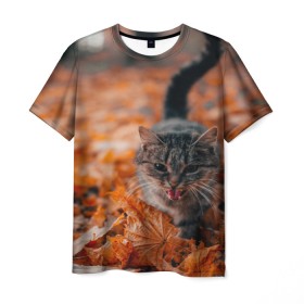 Мужская футболка 3D с принтом мяукающий кот осенние листья в Курске, 100% полиэфир | прямой крой, круглый вырез горловины, длина до линии бедер | золотая осень | кот | кошка | крик | листва | листья | мяу | мяукает | осень | сезон | уличный котейка
