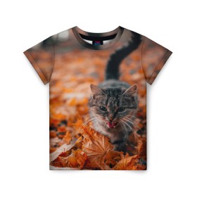 Детская футболка 3D с принтом мяукающий кот осенние листья в Курске, 100% гипоаллергенный полиэфир | прямой крой, круглый вырез горловины, длина до линии бедер, чуть спущенное плечо, ткань немного тянется | золотая осень | кот | кошка | крик | листва | листья | мяу | мяукает | осень | сезон | уличный котейка