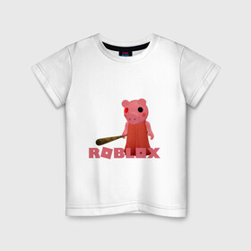 Детская футболка хлопок с принтом ROBLOX: PIGGI. в Курске, 100% хлопок | круглый вырез горловины, полуприлегающий силуэт, длина до линии бедер | game | gamer | logo | minecraft | piggi | roblox | simulator | игра | конструктор | лого | пигги | свинья | симулятор | строительство | фигура
