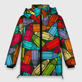 Женская зимняя куртка 3D с принтом детские цветные карандаши арт в Курске, верх — 100% полиэстер; подкладка — 100% полиэстер; утеплитель — 100% полиэстер | длина ниже бедра, силуэт Оверсайз. Есть воротник-стойка, отстегивающийся капюшон и ветрозащитная планка. 

Боковые карманы с листочкой на кнопках и внутренний карман на молнии | арт | весело | детские | карандаши | необычно | просто | рисунок | цветные | ярко