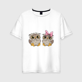 Женская футболка хлопок Oversize с принтом Совушки в Курске, 100% хлопок | свободный крой, круглый ворот, спущенный рукав, длина до линии бедер
 | бантик | совушки | совы