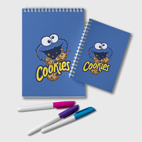 Блокнот с принтом Cookies в Курске, 100% бумага | 48 листов, плотность листов — 60 г/м2, плотность картонной обложки — 250 г/м2. Листы скреплены удобной пружинной спиралью. Цвет линий — светло-серый
 | Тематика изображения на принте: cookie | cookiemonster | delicious | eat | monster | yummy | еда | коржик | куки | кукимонстр | монстр | печенье | сезам | сладости | улица | улицасезам