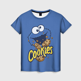Женская футболка 3D с принтом Cookies в Курске, 100% полиэфир ( синтетическое хлопкоподобное полотно) | прямой крой, круглый вырез горловины, длина до линии бедер | cookie | cookiemonster | delicious | eat | monster | yummy | еда | коржик | куки | кукимонстр | монстр | печенье | сезам | сладости | улица | улицасезам
