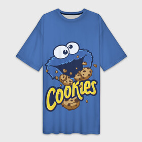 Платье-футболка 3D с принтом Cookies в Курске,  |  | cookie | cookiemonster | delicious | eat | monster | yummy | еда | коржик | куки | кукимонстр | монстр | печенье | сезам | сладости | улица | улицасезам