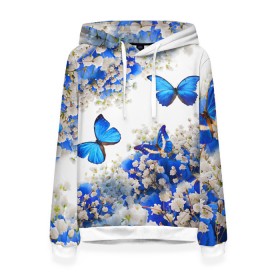 Женская толстовка 3D с принтом Butterfly | Blue White в Курске, 100% полиэстер  | двухслойный капюшон со шнурком для регулировки, мягкие манжеты на рукавах и по низу толстовки, спереди карман-кенгуру с мягким внутренним слоем. | butterfly | earth | flowers | forest | neon | бабочки | весенняя | весна | зелень | земля | зима | зимняя | искусство | краски | лес | летняя | лето | море | неон | океан | осенняя | природа | приятная | растения | рестение