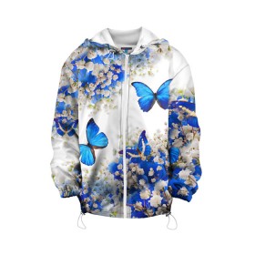 Детская куртка 3D с принтом Butterfly | Blue White в Курске, 100% полиэстер | застежка — молния, подол и капюшон оформлены резинкой с фиксаторами, по бокам — два кармана без застежек, один потайной карман на груди, плотность верхнего слоя — 90 г/м2; плотность флисового подклада — 260 г/м2 | Тематика изображения на принте: butterfly | earth | flowers | forest | neon | бабочки | весенняя | весна | зелень | земля | зима | зимняя | искусство | краски | лес | летняя | лето | море | неон | океан | осенняя | природа | приятная | растения | рестение