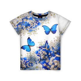 Детская футболка 3D с принтом Butterfly | Blue White в Курске, 100% гипоаллергенный полиэфир | прямой крой, круглый вырез горловины, длина до линии бедер, чуть спущенное плечо, ткань немного тянется | Тематика изображения на принте: butterfly | earth | flowers | forest | neon | бабочки | весенняя | весна | зелень | земля | зима | зимняя | искусство | краски | лес | летняя | лето | море | неон | океан | осенняя | природа | приятная | растения | рестение