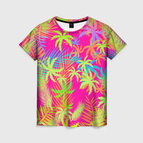 Женская футболка 3D с принтом ПАЛЬМЫ / ТРОПИКИ в Курске, 100% полиэфир ( синтетическое хлопкоподобное полотно) | прямой крой, круглый вырез горловины, длина до линии бедер | hotline miami | neon | new retro wave | outrun | outrun electro | palmen | pink | rainbow | retro | retrowave | summer | synth | synthwave | tropical | лето | неон | пальмы | радуга | ретро | розовый | тропики | хотлайн майами | цветы