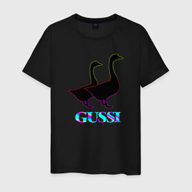 Мужская футболка хлопок с принтом Gussi в Курске, 100% хлопок | прямой крой, круглый вырез горловины, длина до линии бедер, слегка спущенное плечо. | gucci | gussi | антибренд | бренд | гуси | гусь | гучи | гуччи | мем | мемы | неон | прикол